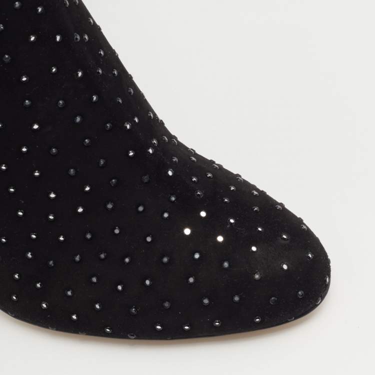 مملوكة مسبقًا Jimmy Choo Black Stretch Fabric Toni Crystal Embellished Thigh High Boots Size 36.5