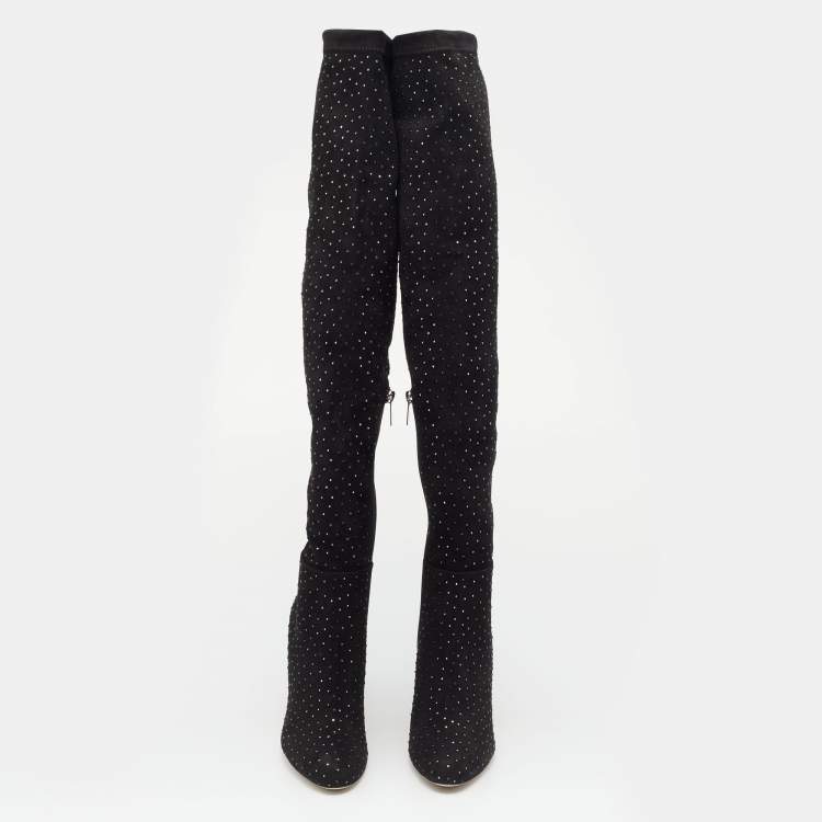 مملوكة مسبقًا Jimmy Choo Black Stretch Fabric Toni Crystal Embellished Thigh High Boots Size 36.5