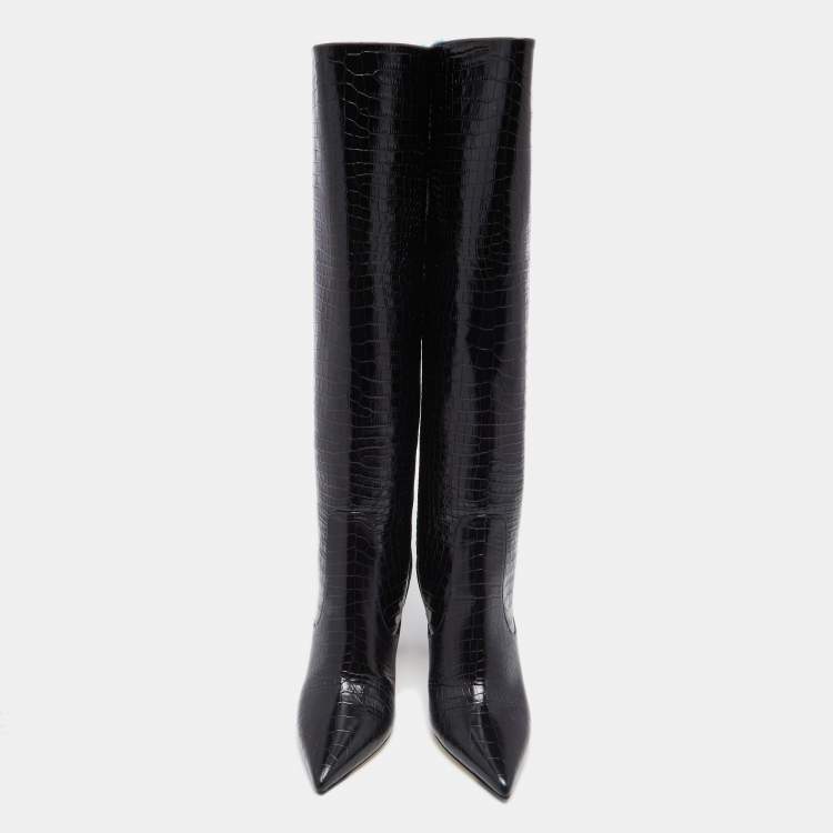 Pre Owned Jimmy Choo Black Croc Embossed Leather Mavis Knee Length Boots Size 40
