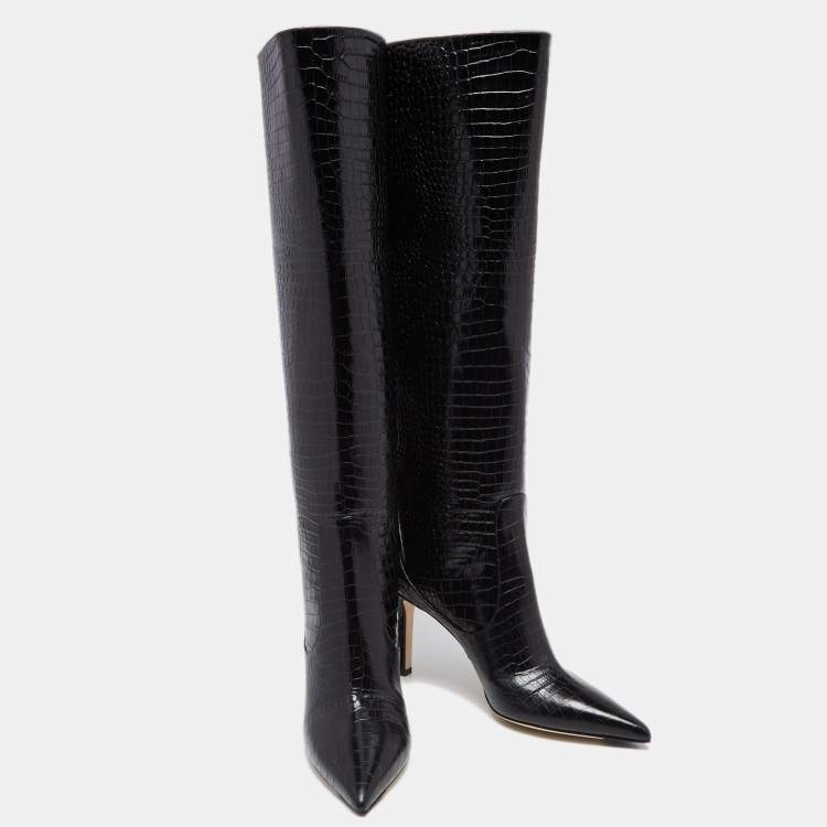 Pre Owned Jimmy Choo Black Croc Embossed Leather Mavis Knee Length Boots Size 40
