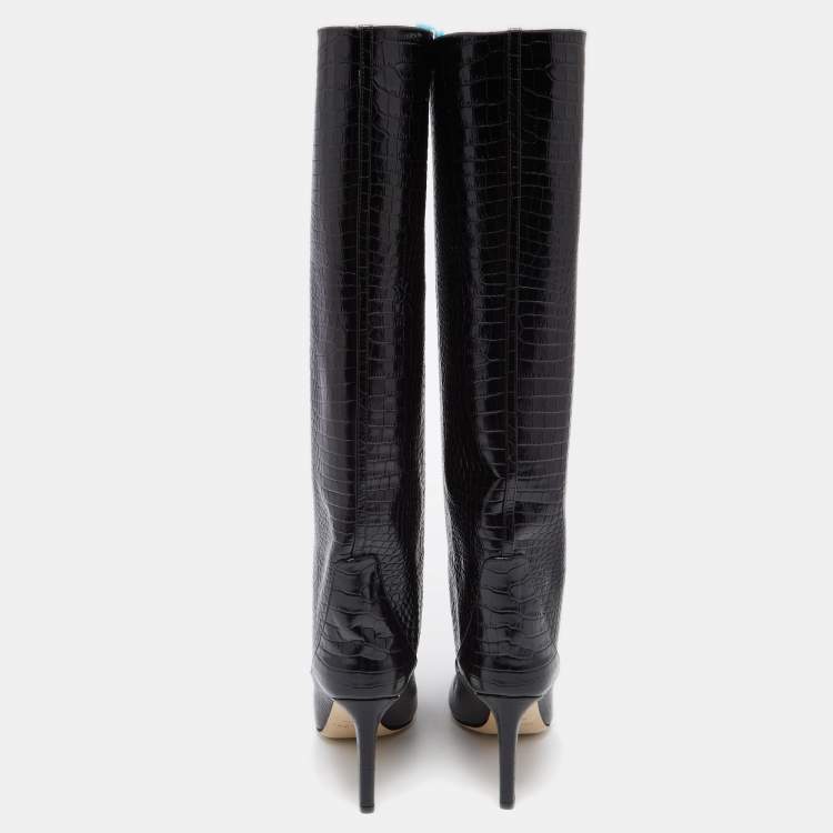 Pre Owned Jimmy Choo Black Croc Embossed Leather Mavis Knee Length Boots Size 40
