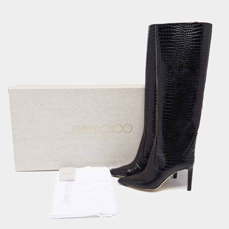 Pre Owned Jimmy Choo Black Croc Embossed Leather Mavis Knee Length Boots Size 40