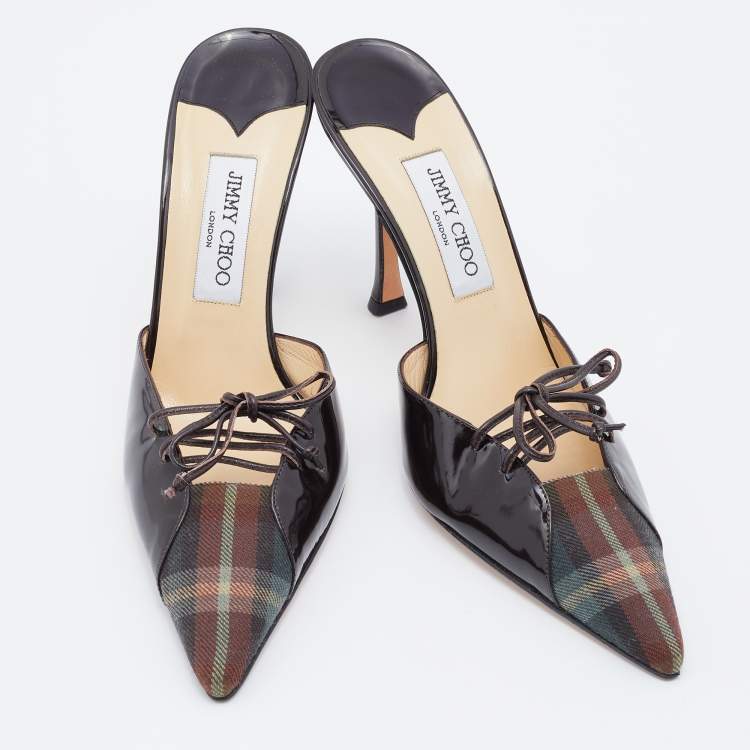 Pre Owned Jimmy Choo Brown Check Fabric and Patent Leather Bow Mules Size 41