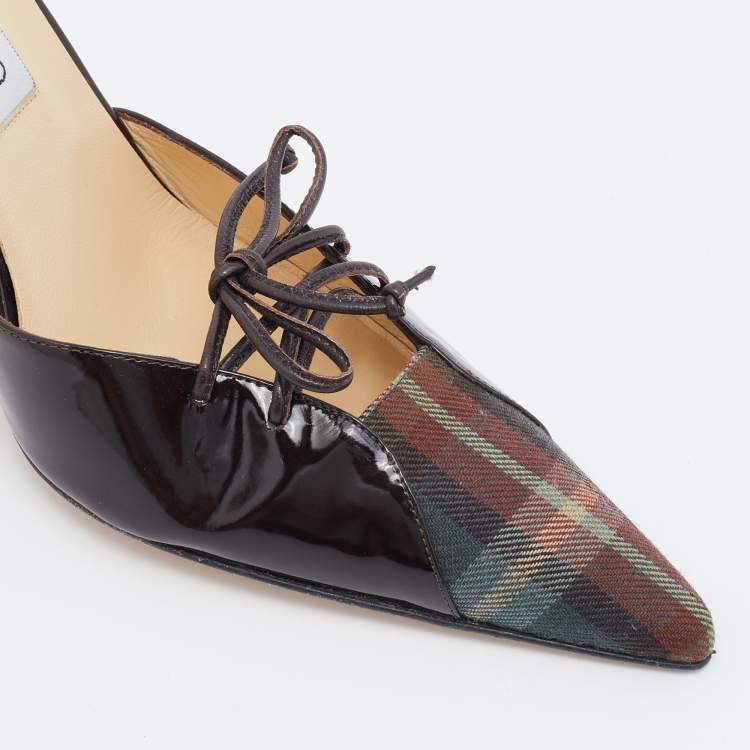 Pre Owned Jimmy Choo Brown Check Fabric and Patent Leather Bow Mules Size 41