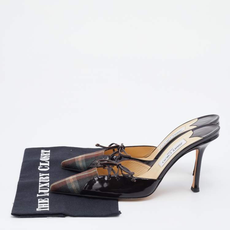 Pre Owned Jimmy Choo Brown Check Fabric and Patent Leather Bow Mules Size 41