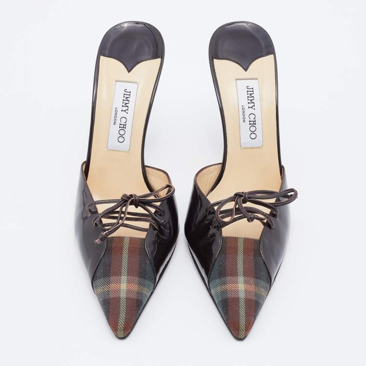 Pre Owned Jimmy Choo Brown Check Fabric and Patent Leather Bow Mules Size 41