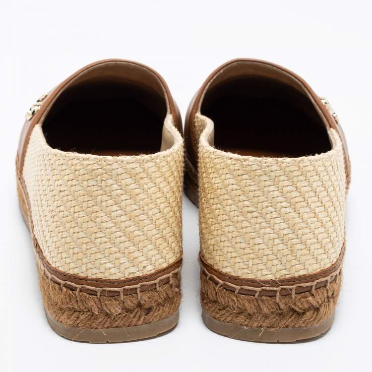 Pre Owned Jimmy Choo Beige/Brown Raffia And Leather Espadrille Flats Size 37