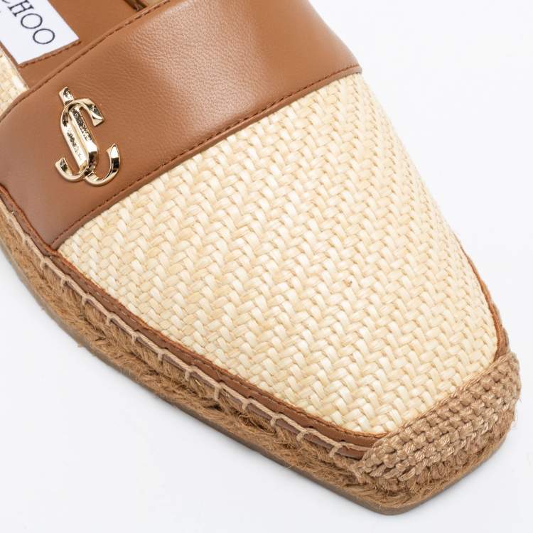 Pre Owned Jimmy Choo Beige/Brown Raffia And Leather Espadrille Flats Size 37