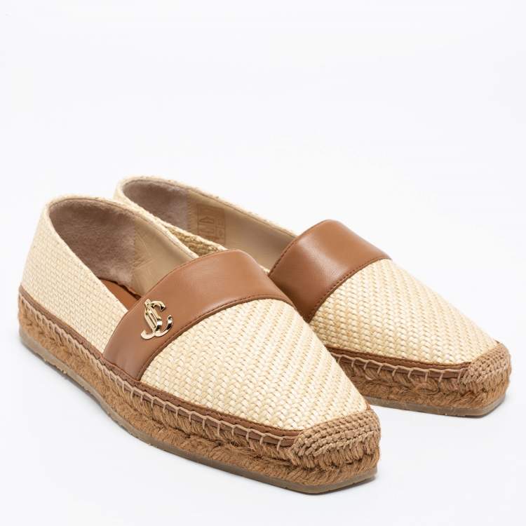 Pre Owned Jimmy Choo Beige/Brown Raffia And Leather Espadrille Flats Size 37