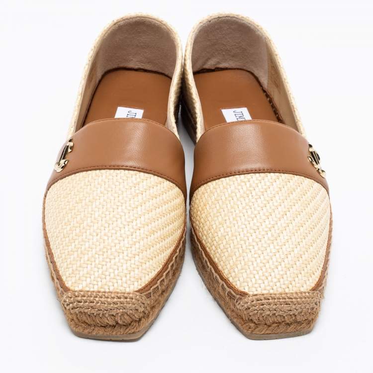 Pre Owned Jimmy Choo Beige/Brown Raffia And Leather Espadrille Flats Size 37