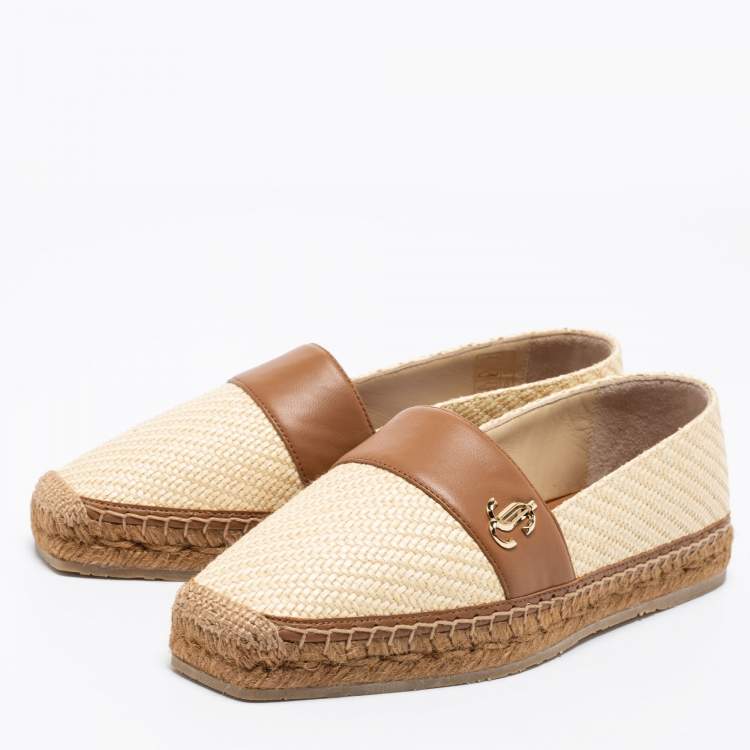 Pre Owned Jimmy Choo Beige/Brown Raffia And Leather Espadrille Flats Size 37