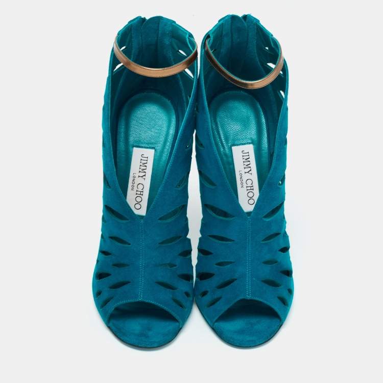 Pre Owned Jimmy Choo Teal Cutout Suede Tamber Ankle Strap Sandals Size 38