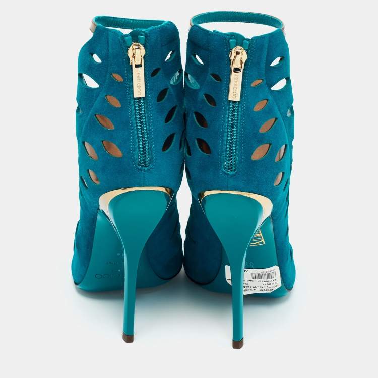 Pre Owned Jimmy Choo Teal Cutout Suede Tamber Ankle Strap Sandals Size 38