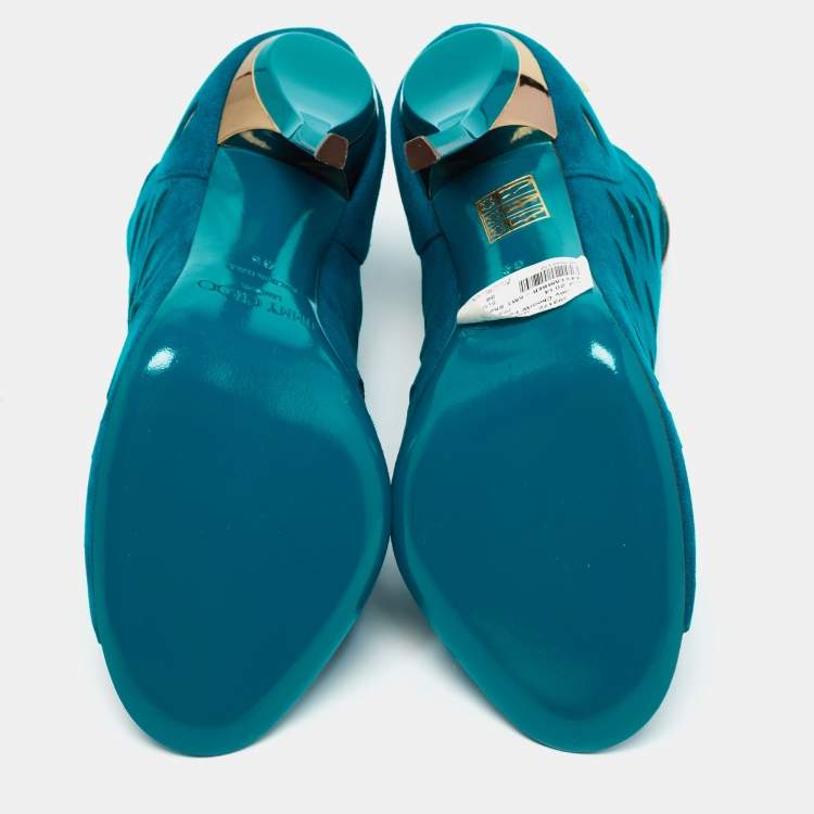 Pre Owned Jimmy Choo Teal Cutout Suede Tamber Ankle Strap Sandals Size 38