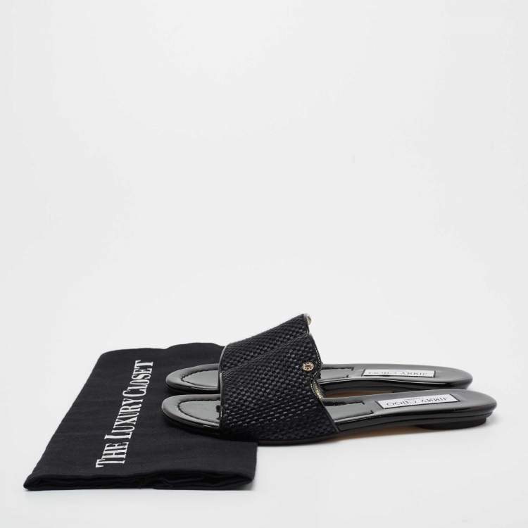 Pre Owned Jimmy Choo Black Woven Fabric And Raffia Nanda Flat Slides Size 37