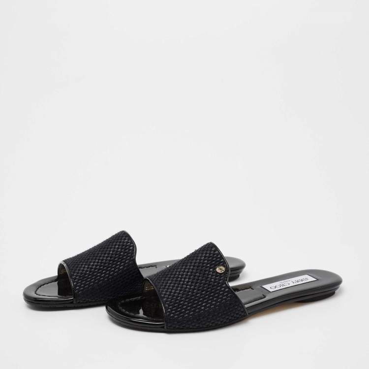 Pre Owned Jimmy Choo Black Woven Fabric And Raffia Nanda Flat Slides Size 37