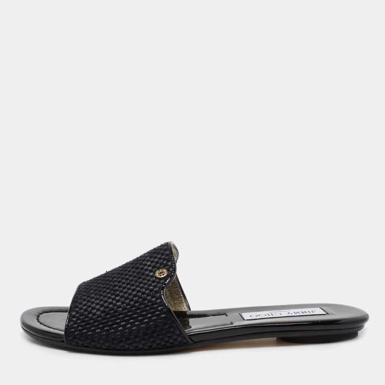 Pre Owned Jimmy Choo Black Woven Fabric And Raffia Nanda Flat Slides Size 37