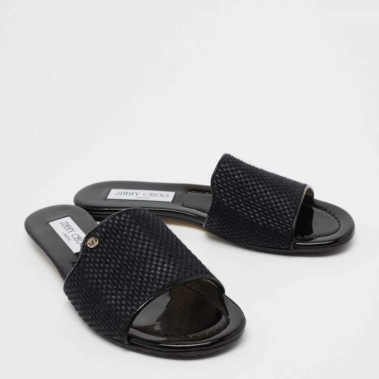Pre Owned Jimmy Choo Black Woven Fabric And Raffia Nanda Flat Slides Size 37