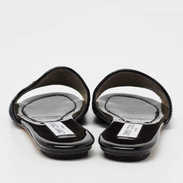 Pre Owned Jimmy Choo Black Woven Fabric And Raffia Nanda Flat Slides Size 37