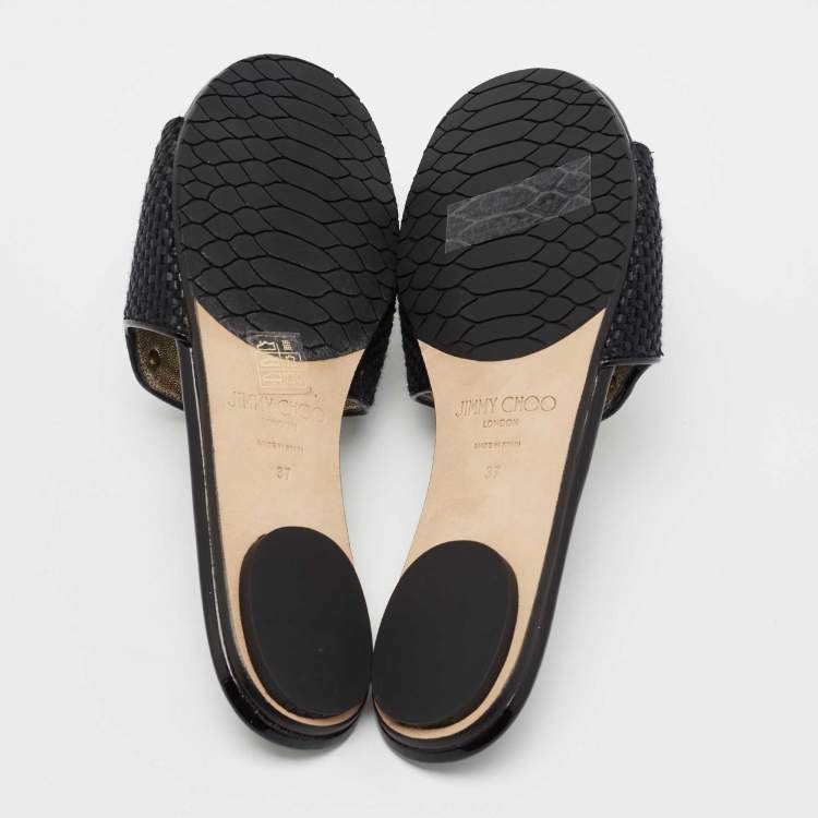 Pre Owned Jimmy Choo Black Woven Fabric And Raffia Nanda Flat Slides Size 37