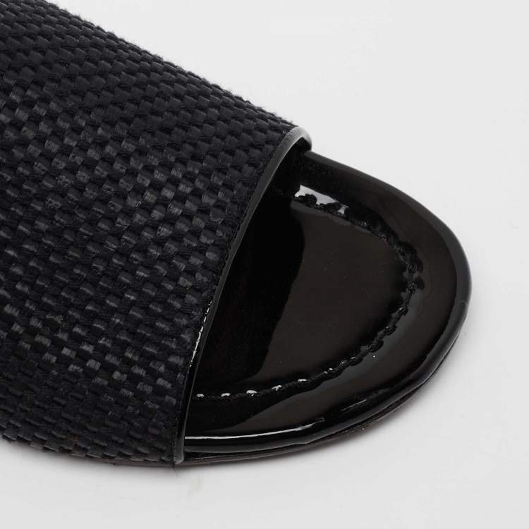 Pre Owned Jimmy Choo Black Woven Fabric And Raffia Nanda Flat Slides Size 37