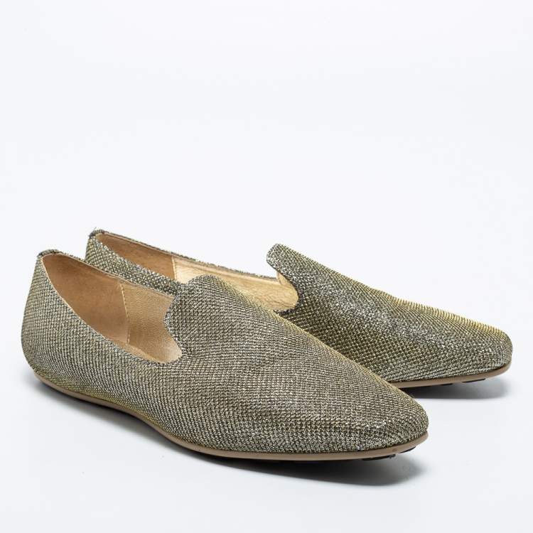 Pre Owned Jimmy Choo Gold Lurex Fabric Sloane Smoking Slippers Size 36.5