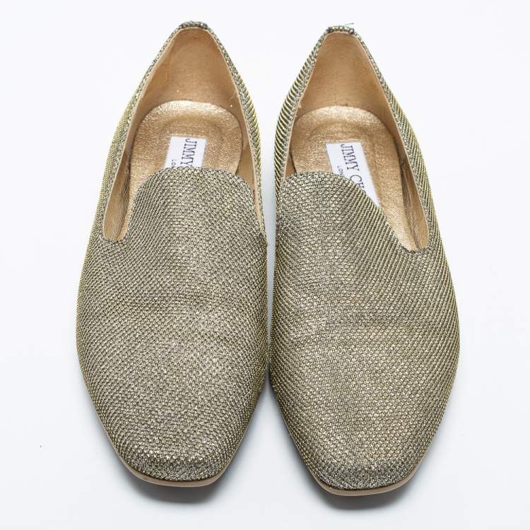 Pre Owned Jimmy Choo Gold Lurex Fabric Sloane Smoking Slippers Size 36.5