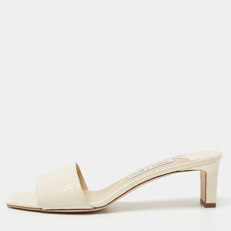 Jimmy Choo Cream Snakeskin Embossed Leather K-Slide Sandals