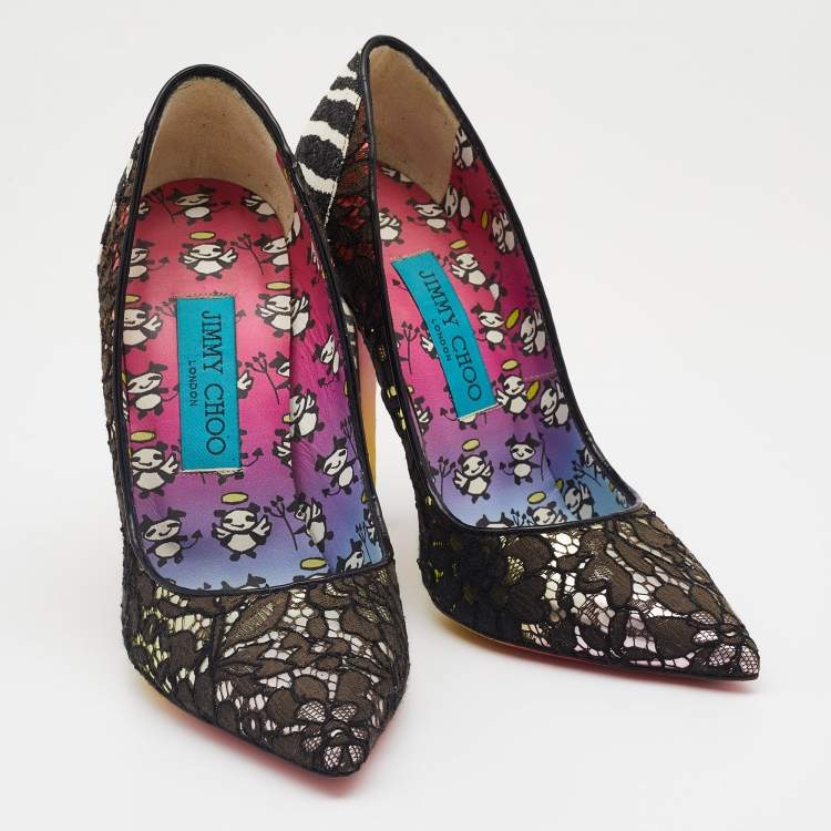 Pre Owned Jimmy Choo Multicolor Lace, Leather And Fabric Rob Pruitt Anouk Pointed Toe Pumps Size 36