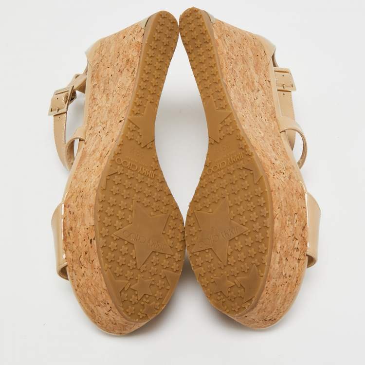 Pre Owned Jimmy Choo Beige Patent Leather Cork Wedge Cross Strap Sandals Size 38.5 