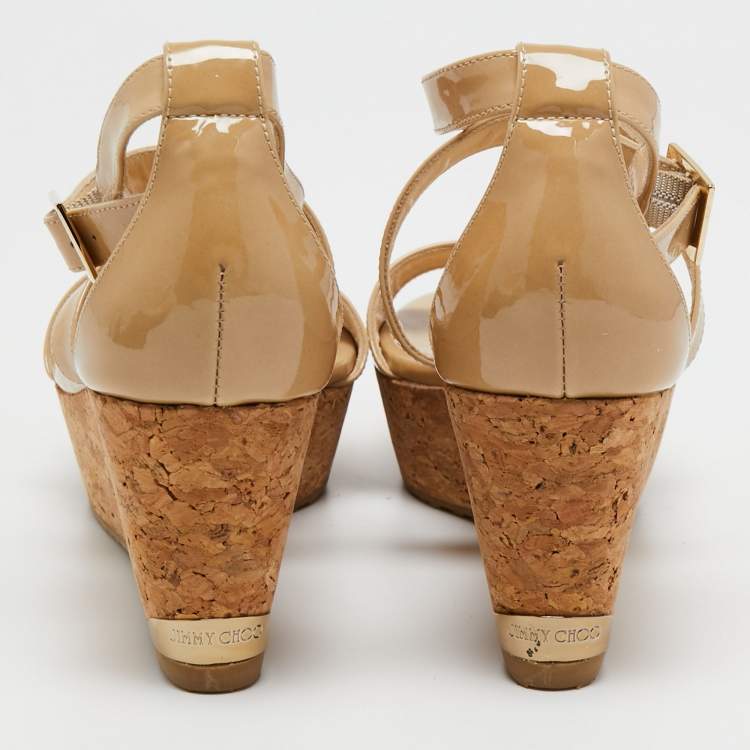 Pre Owned Jimmy Choo Beige Patent Leather Cork Wedge Cross Strap Sandals Size 38.5 