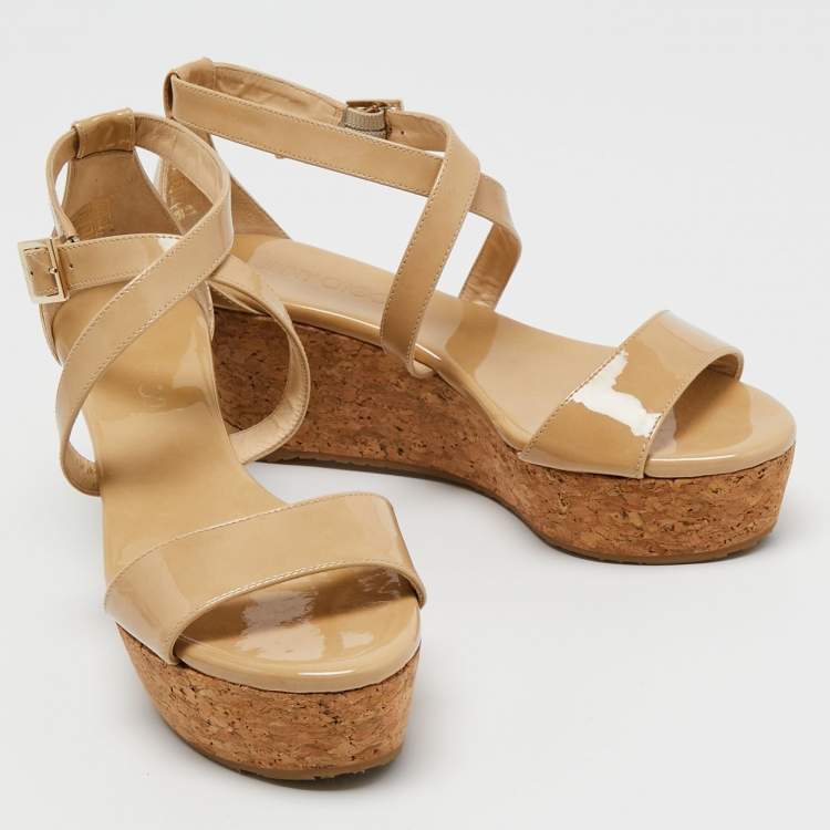 Pre Owned Jimmy Choo Beige Patent Leather Cork Wedge Cross Strap Sandals Size 38.5 