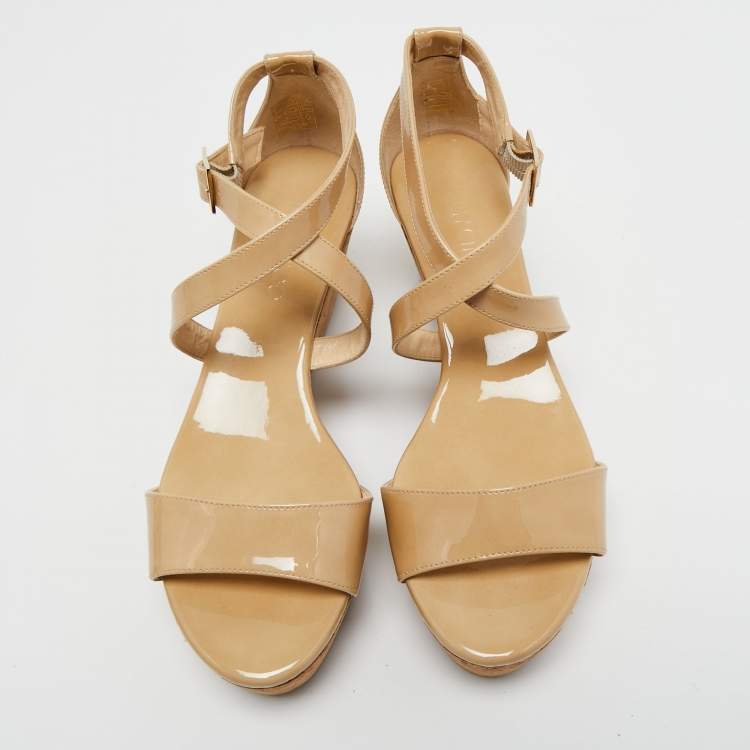 Pre Owned Jimmy Choo Beige Patent Leather Cork Wedge Cross Strap Sandals Size 38.5 