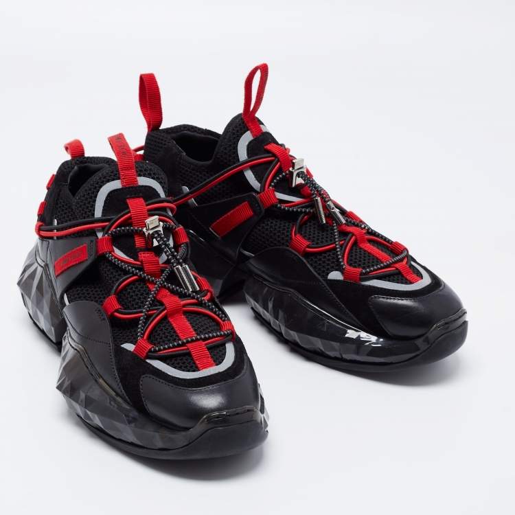Pre Owned Jimmy Choo Red/Black Fabric and Leather Diamond Trail Sneakers Size 39