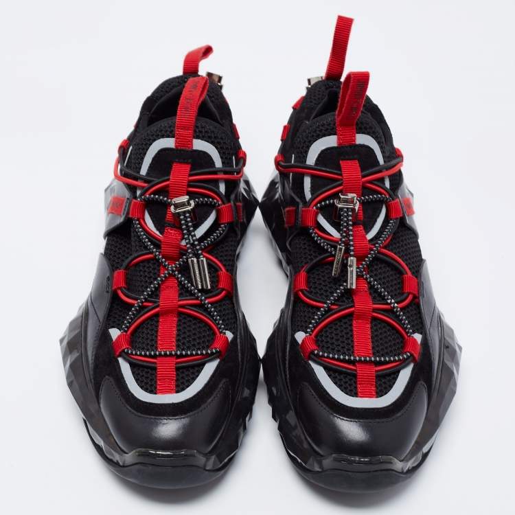 Pre Owned Jimmy Choo Red/Black Fabric and Leather Diamond Trail Sneakers Size 39