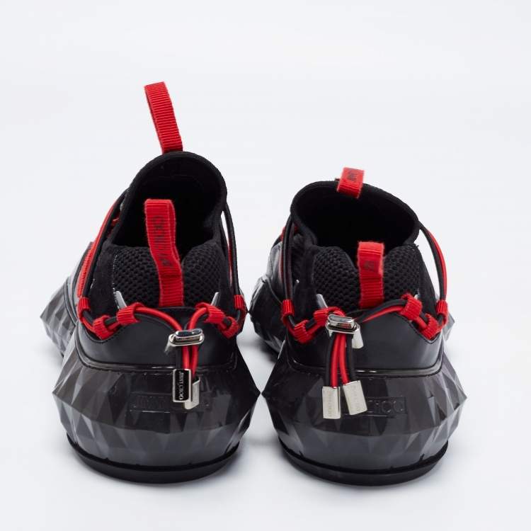 Pre Owned Jimmy Choo Red/Black Fabric and Leather Diamond Trail Sneakers Size 39