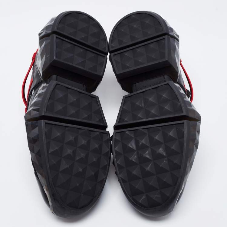 Pre Owned Jimmy Choo Red/Black Fabric and Leather Diamond Trail Sneakers Size 39