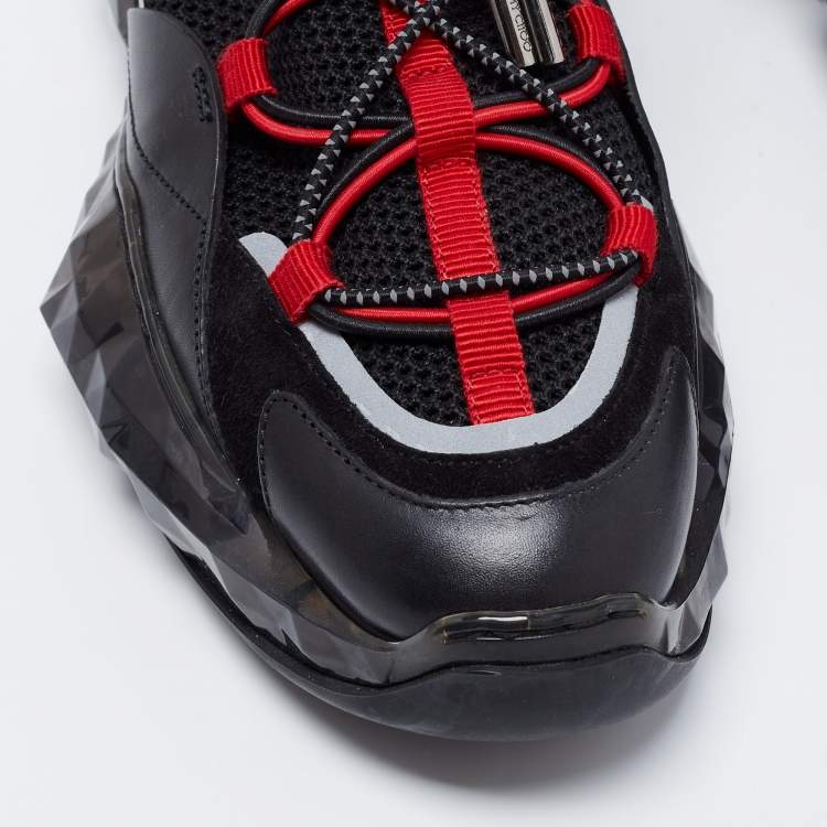 Pre Owned Jimmy Choo Red/Black Fabric and Leather Diamond Trail Sneakers Size 39