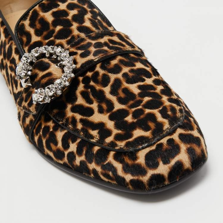 Pre Owned Jimmy Choo Brown/Black Calf Hair Mani Buckle Loafers Size 40