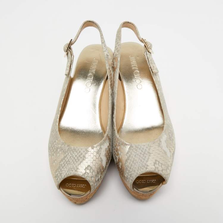 Pre Owned Jimmy Choo Light Gold/Grey Textured Suede Praise Wedge Slingback Sandals Size 36.5