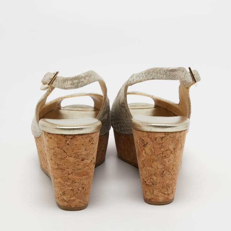 Pre Owned Jimmy Choo Light Gold/Grey Textured Suede Praise Wedge Slingback Sandals Size 36.5