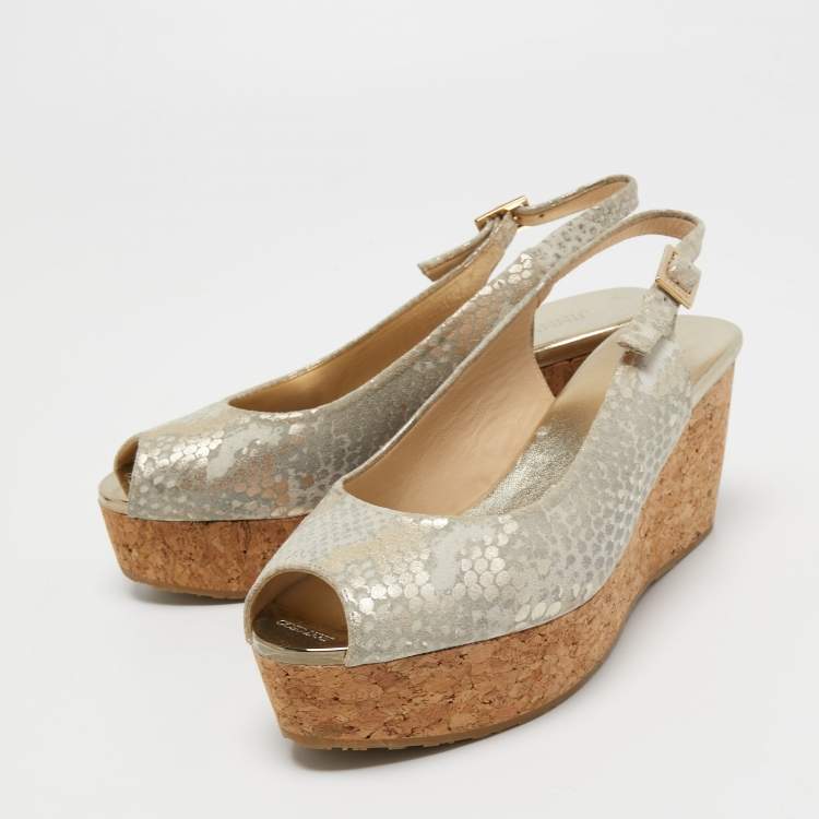Pre Owned Jimmy Choo Light Gold/Grey Textured Suede Praise Wedge Slingback Sandals Size 36.5