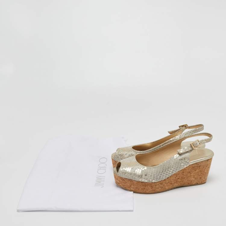 Pre Owned Jimmy Choo Light Gold/Grey Textured Suede Praise Wedge Slingback Sandals Size 36.5