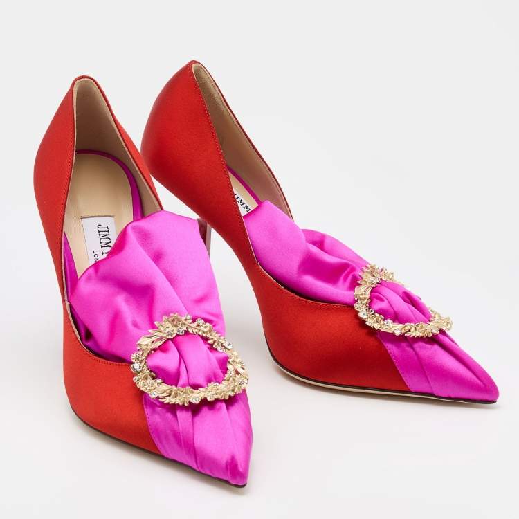 Pre Owned Jimmy Choo Orange/Pink Satin Lyz Embellished Pumps Size 38