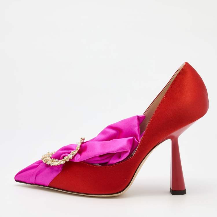 Pre Owned Jimmy Choo Orange/Pink Satin Lyz Embellished Pumps Size 38