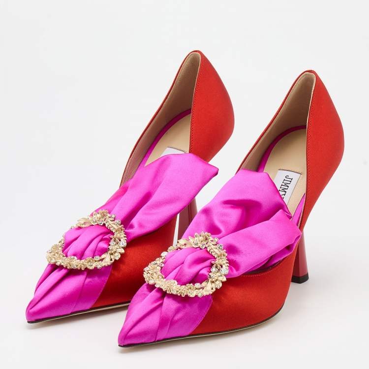 Pre Owned Jimmy Choo Orange/Pink Satin Lyz Embellished Pumps Size 38
