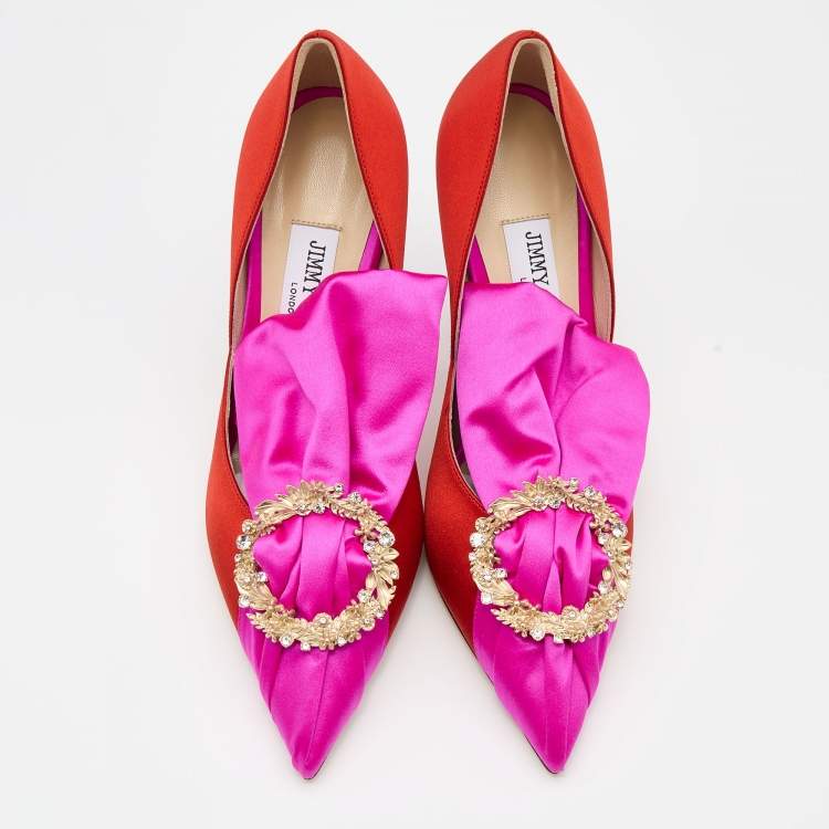 Pre Owned Jimmy Choo Orange/Pink Satin Lyz Embellished Pumps Size 38