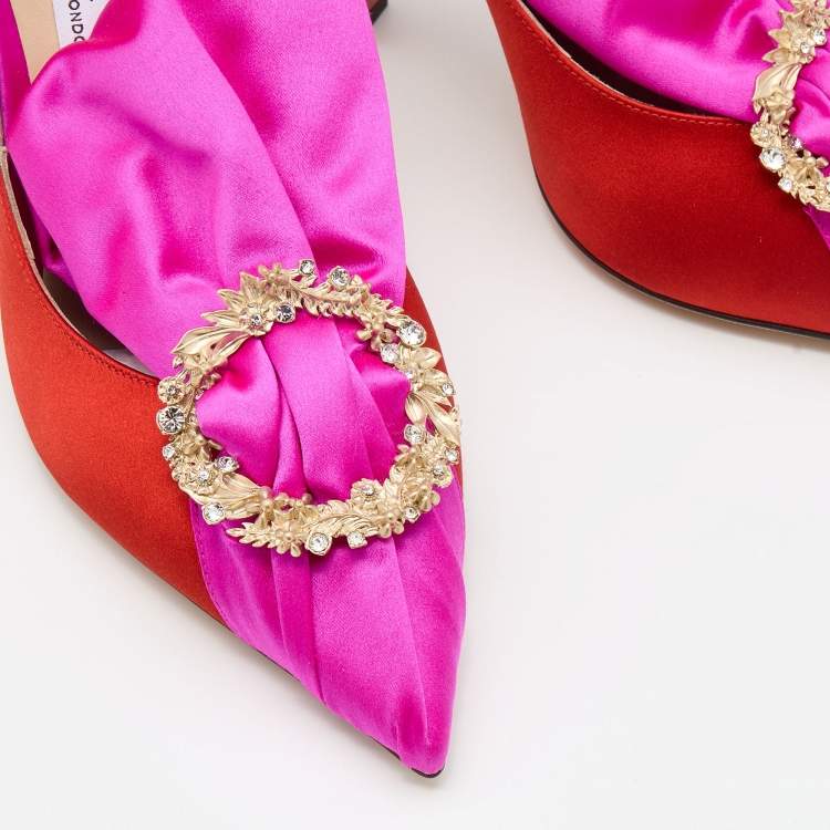 Pre Owned Jimmy Choo Orange/Pink Satin Lyz Embellished Pumps Size 38