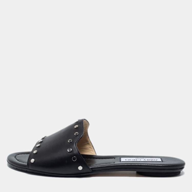 Pre Owned Jimmy Choo Black Leather Studded Nanda Flat Slides Size 39