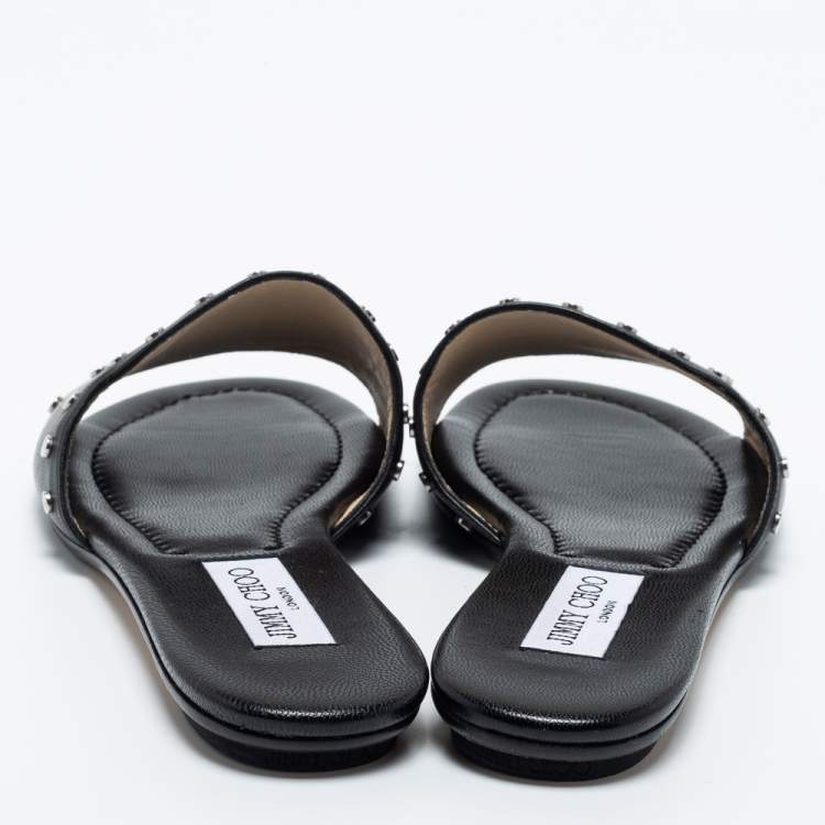 Pre Owned Jimmy Choo Black Leather Studded Nanda Flat Slides Size 39